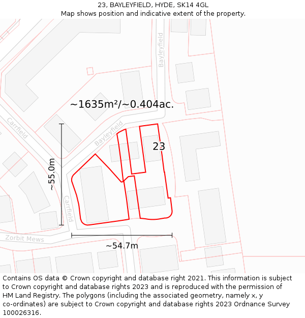 23, BAYLEYFIELD, HYDE, SK14 4GL: Plot and title map