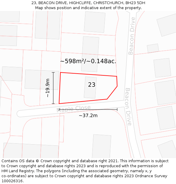 23, BEACON DRIVE, HIGHCLIFFE, CHRISTCHURCH, BH23 5DH: Plot and title map