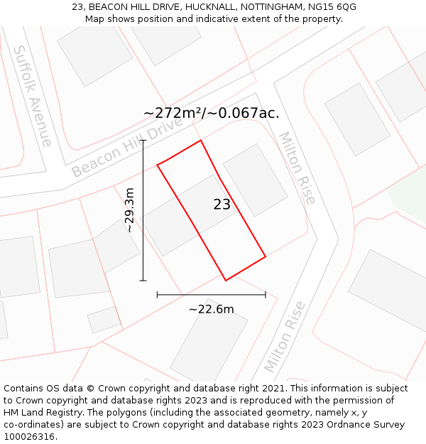 23, BEACON HILL DRIVE, HUCKNALL, NOTTINGHAM, NG15 6QG: Plot and title map