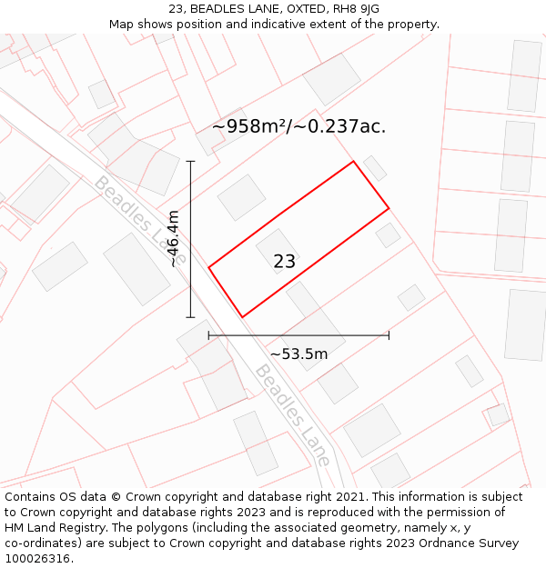 23, BEADLES LANE, OXTED, RH8 9JG: Plot and title map