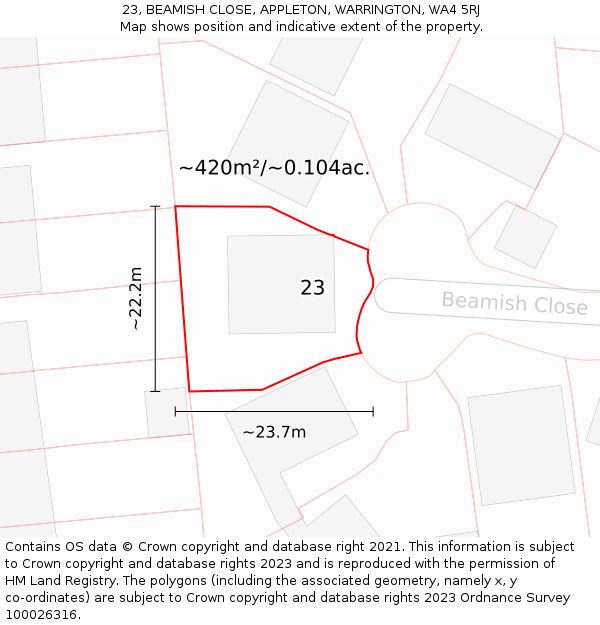 23, BEAMISH CLOSE, APPLETON, WARRINGTON, WA4 5RJ: Plot and title map