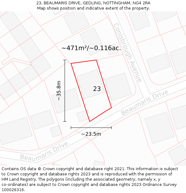 23, BEAUMARIS DRIVE, GEDLING, NOTTINGHAM, NG4 2RA: Plot and title map
