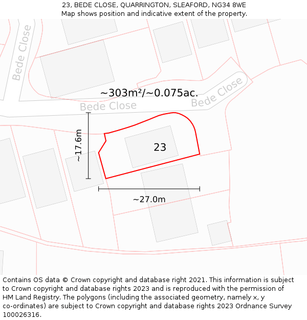 23, BEDE CLOSE, QUARRINGTON, SLEAFORD, NG34 8WE: Plot and title map