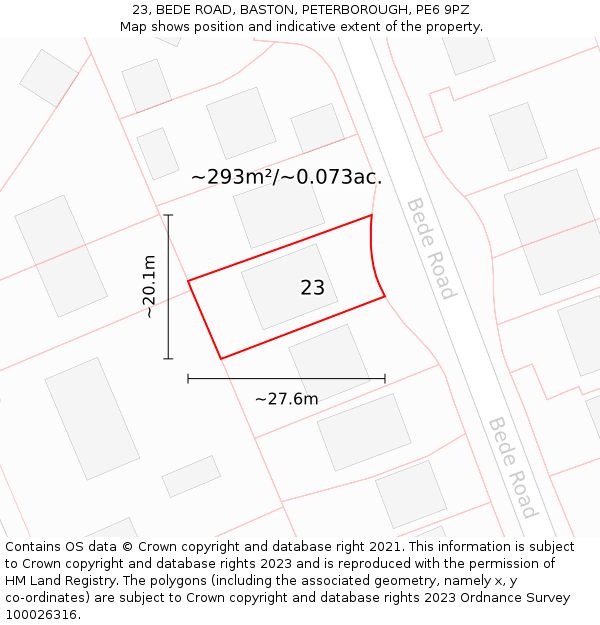 23, BEDE ROAD, BASTON, PETERBOROUGH, PE6 9PZ: Plot and title map
