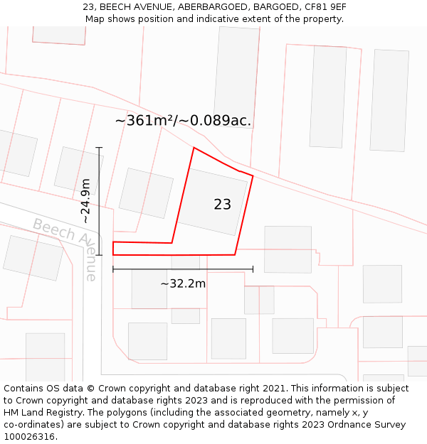 23, BEECH AVENUE, ABERBARGOED, BARGOED, CF81 9EF: Plot and title map