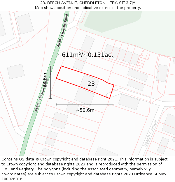 23, BEECH AVENUE, CHEDDLETON, LEEK, ST13 7JA: Plot and title map