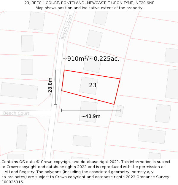 23, BEECH COURT, PONTELAND, NEWCASTLE UPON TYNE, NE20 9NE: Plot and title map