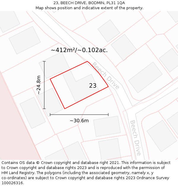 23, BEECH DRIVE, BODMIN, PL31 1QA: Plot and title map