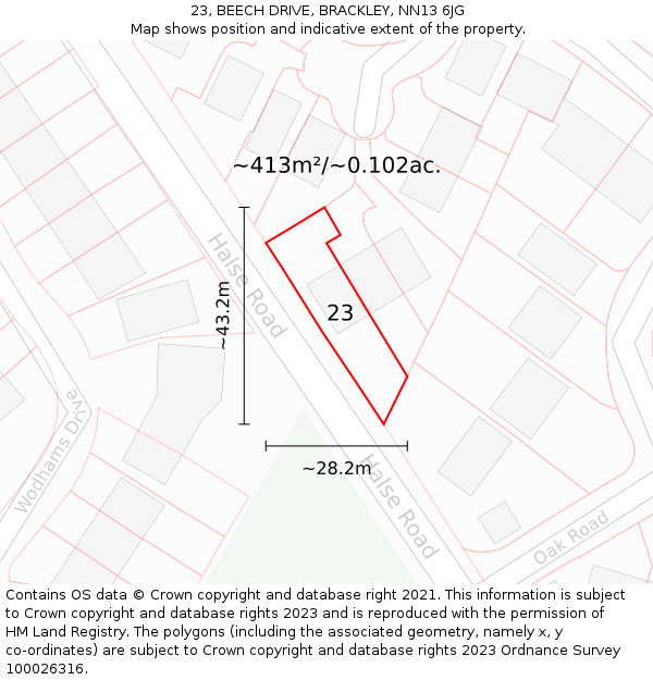 23, BEECH DRIVE, BRACKLEY, NN13 6JG: Plot and title map