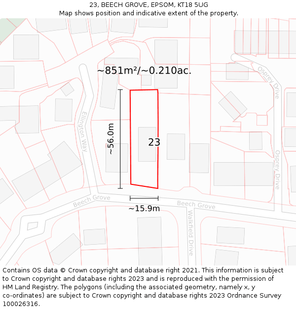 23, BEECH GROVE, EPSOM, KT18 5UG: Plot and title map