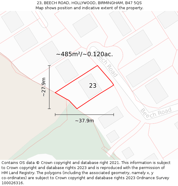 23, BEECH ROAD, HOLLYWOOD, BIRMINGHAM, B47 5QS: Plot and title map