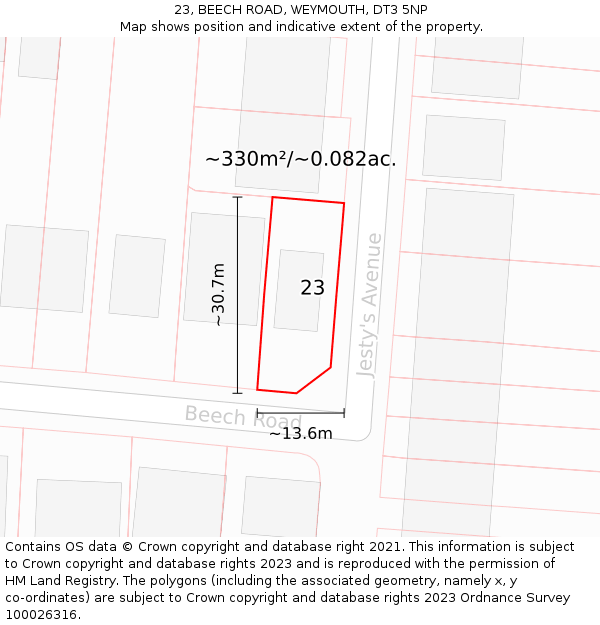23, BEECH ROAD, WEYMOUTH, DT3 5NP: Plot and title map