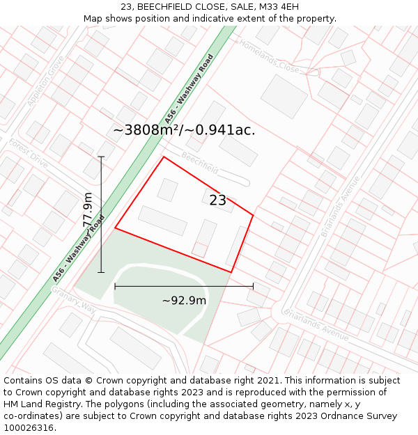 23, BEECHFIELD CLOSE, SALE, M33 4EH: Plot and title map