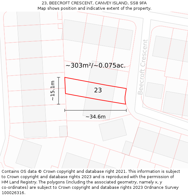 23, BEECROFT CRESCENT, CANVEY ISLAND, SS8 9FA: Plot and title map