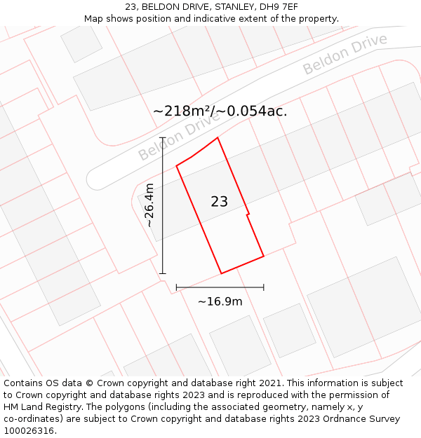 23, BELDON DRIVE, STANLEY, DH9 7EF: Plot and title map
