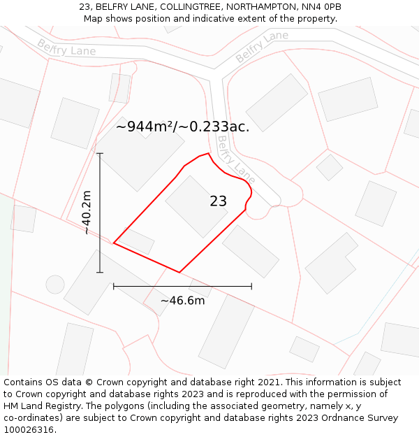 23, BELFRY LANE, COLLINGTREE, NORTHAMPTON, NN4 0PB: Plot and title map
