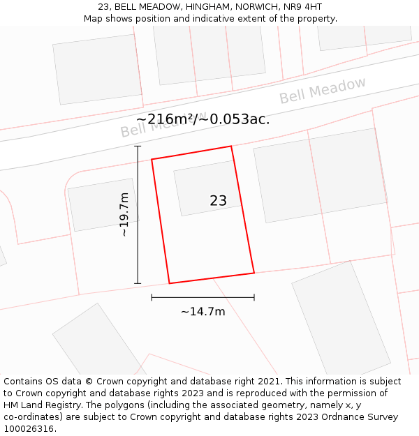 23, BELL MEADOW, HINGHAM, NORWICH, NR9 4HT: Plot and title map