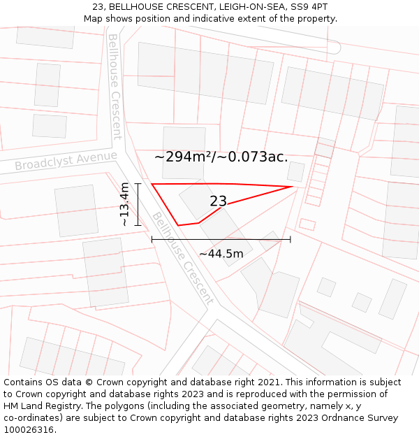 23, BELLHOUSE CRESCENT, LEIGH-ON-SEA, SS9 4PT: Plot and title map