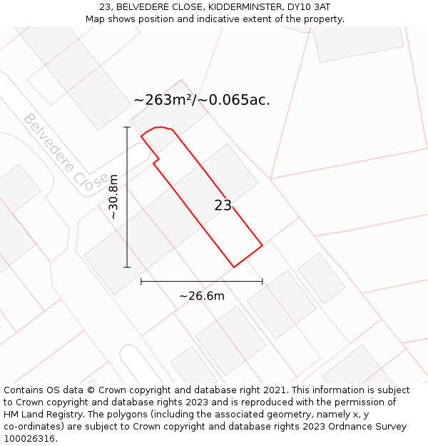23, BELVEDERE CLOSE, KIDDERMINSTER, DY10 3AT: Plot and title map