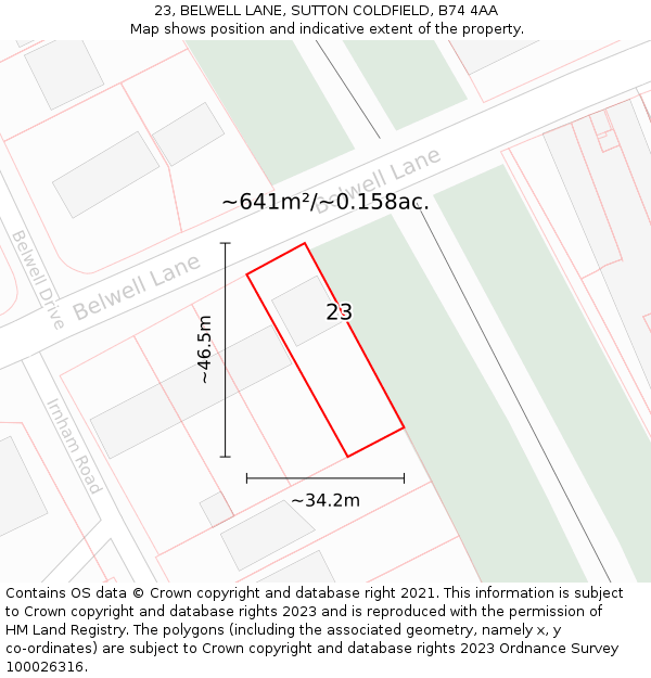 23, BELWELL LANE, SUTTON COLDFIELD, B74 4AA: Plot and title map