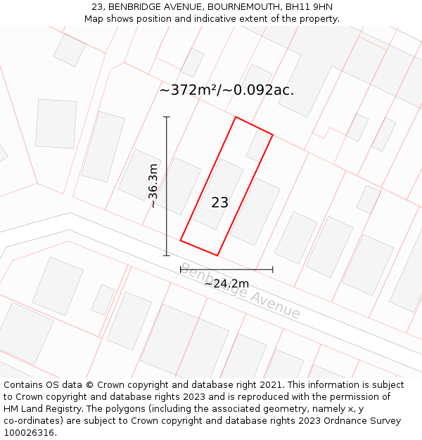 23, BENBRIDGE AVENUE, BOURNEMOUTH, BH11 9HN: Plot and title map