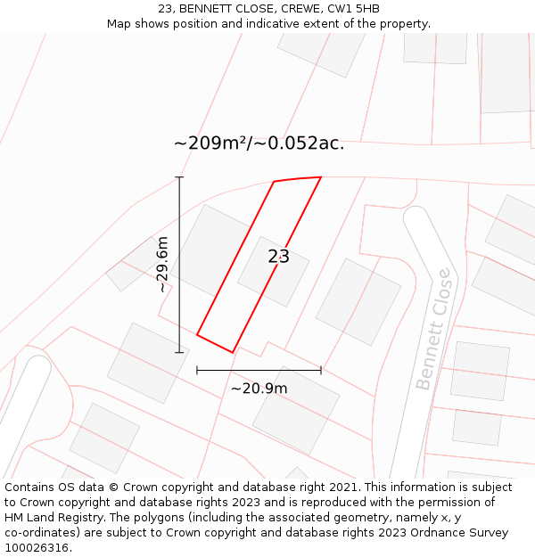 23, BENNETT CLOSE, CREWE, CW1 5HB: Plot and title map