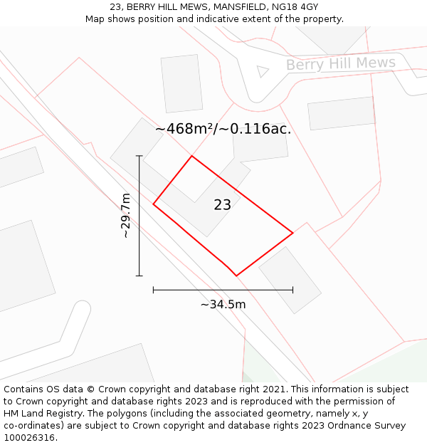 23, BERRY HILL MEWS, MANSFIELD, NG18 4GY: Plot and title map