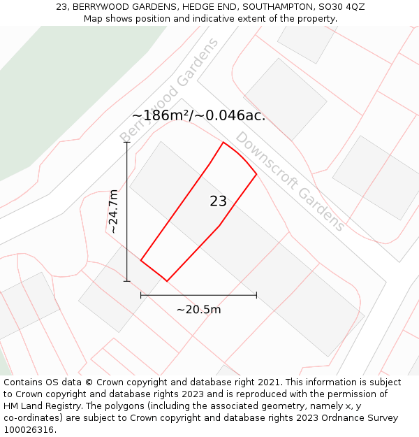 23, BERRYWOOD GARDENS, HEDGE END, SOUTHAMPTON, SO30 4QZ: Plot and title map