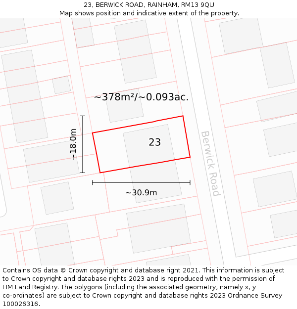 23, BERWICK ROAD, RAINHAM, RM13 9QU: Plot and title map