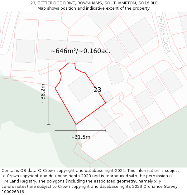 23, BETTERIDGE DRIVE, ROWNHAMS, SOUTHAMPTON, SO16 8LE: Plot and title map
