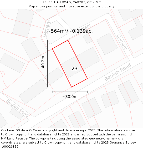 23, BEULAH ROAD, CARDIFF, CF14 6LT: Plot and title map
