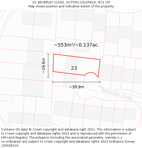23, BEVERLEY CLOSE, SUTTON COLDFIELD, B72 1YF: Plot and title map