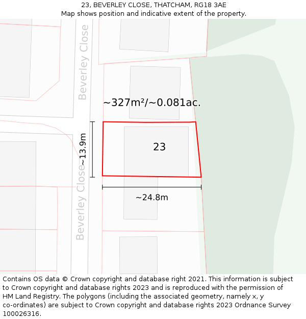 23, BEVERLEY CLOSE, THATCHAM, RG18 3AE: Plot and title map