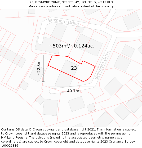 23, BEXMORE DRIVE, STREETHAY, LICHFIELD, WS13 8LB: Plot and title map