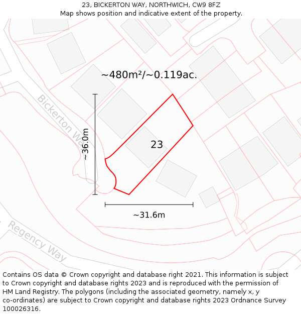 23, BICKERTON WAY, NORTHWICH, CW9 8FZ: Plot and title map