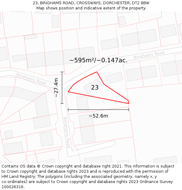 23, BINGHAMS ROAD, CROSSWAYS, DORCHESTER, DT2 8BW: Plot and title map