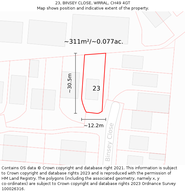 23, BINSEY CLOSE, WIRRAL, CH49 4GT: Plot and title map