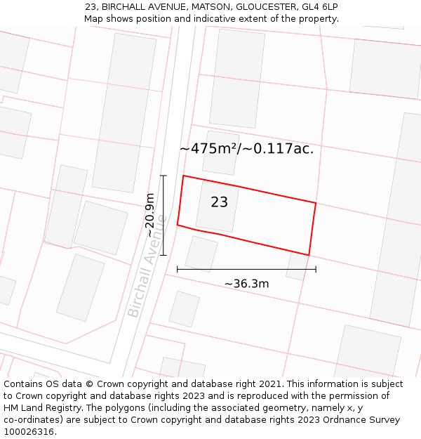 23, BIRCHALL AVENUE, MATSON, GLOUCESTER, GL4 6LP: Plot and title map