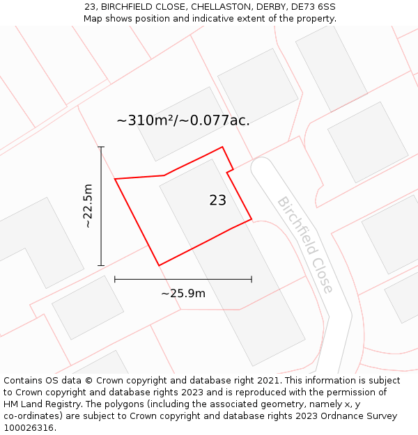 23, BIRCHFIELD CLOSE, CHELLASTON, DERBY, DE73 6SS: Plot and title map