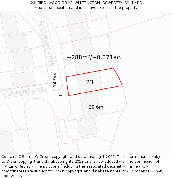 23, BIRCHWOOD DRIVE, WHITTINGTON, OSWESTRY, SY11 4PS: Plot and title map