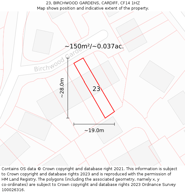 23, BIRCHWOOD GARDENS, CARDIFF, CF14 1HZ: Plot and title map