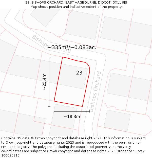 23, BISHOPS ORCHARD, EAST HAGBOURNE, DIDCOT, OX11 9JS: Plot and title map