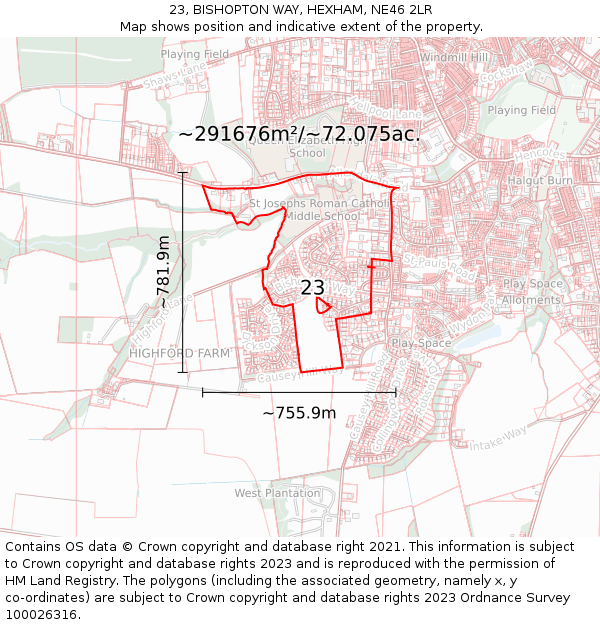 23, BISHOPTON WAY, HEXHAM, NE46 2LR: Plot and title map