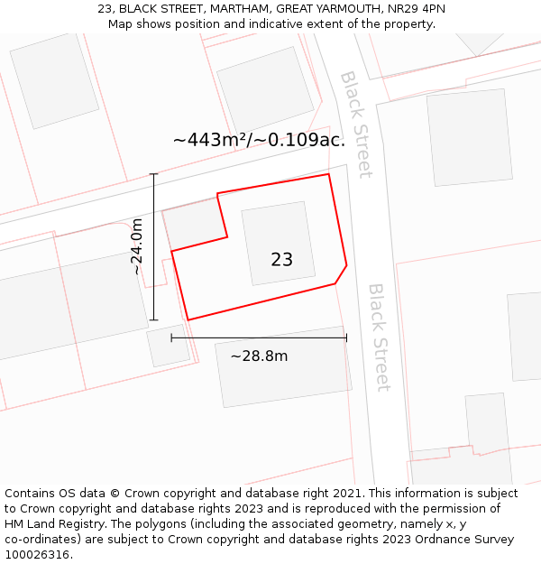 23, BLACK STREET, MARTHAM, GREAT YARMOUTH, NR29 4PN: Plot and title map