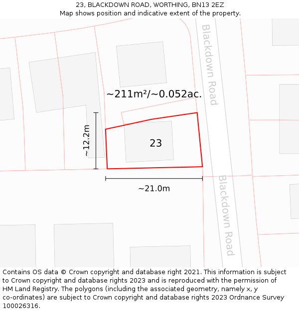 23, BLACKDOWN ROAD, WORTHING, BN13 2EZ: Plot and title map