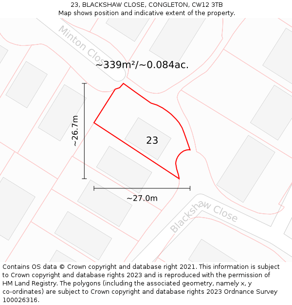 23, BLACKSHAW CLOSE, CONGLETON, CW12 3TB: Plot and title map