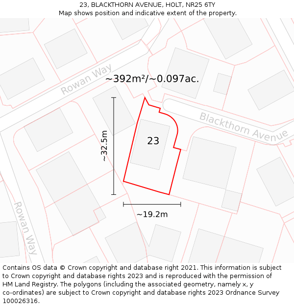 23, BLACKTHORN AVENUE, HOLT, NR25 6TY: Plot and title map