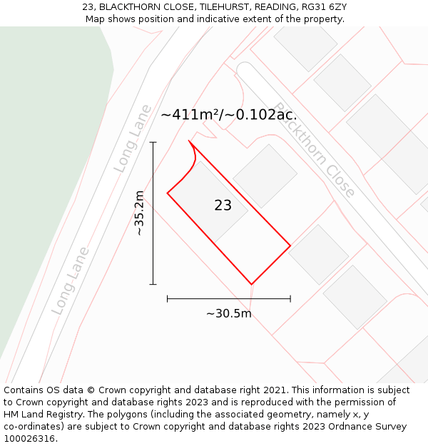 23, BLACKTHORN CLOSE, TILEHURST, READING, RG31 6ZY: Plot and title map