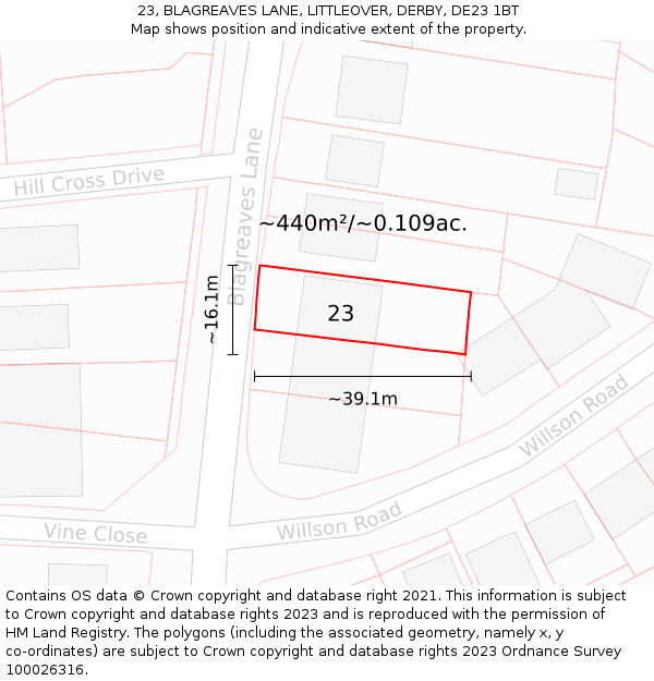 23, BLAGREAVES LANE, LITTLEOVER, DERBY, DE23 1BT: Plot and title map