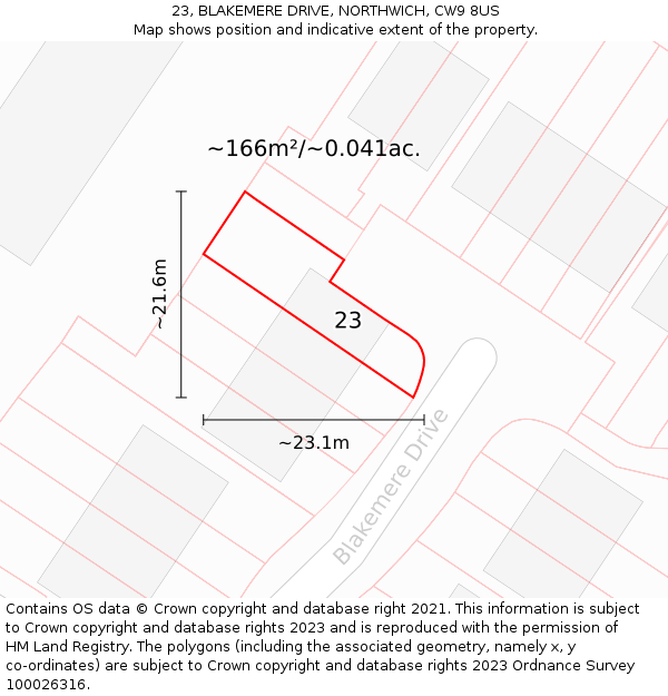 23, BLAKEMERE DRIVE, NORTHWICH, CW9 8US: Plot and title map